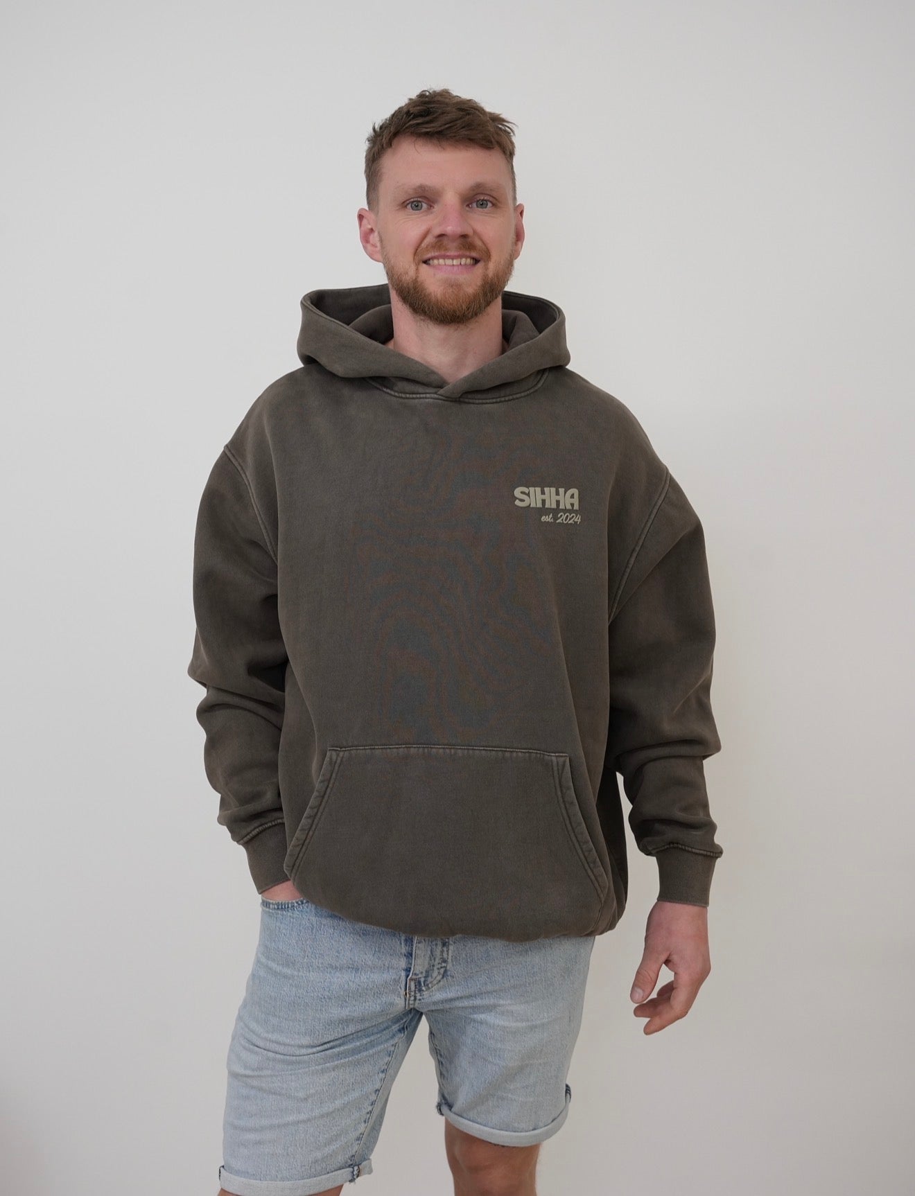 Oversized Coffee Acid Wash Hoody With Puff Print