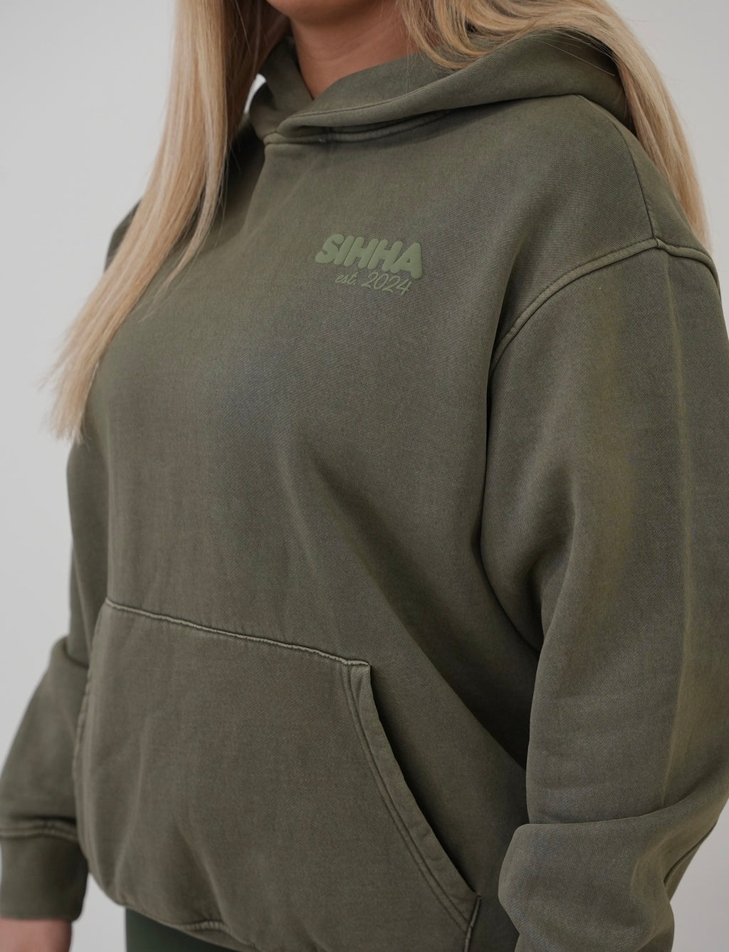 Oversized Green Acid Wash Hoody With Puff Print