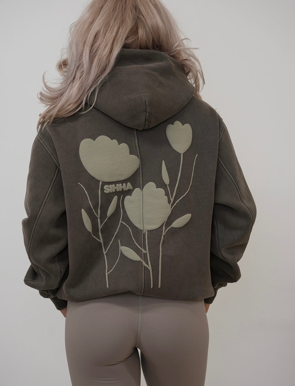 Oversized Coffee Acid Wash Hoody With Puff Print
