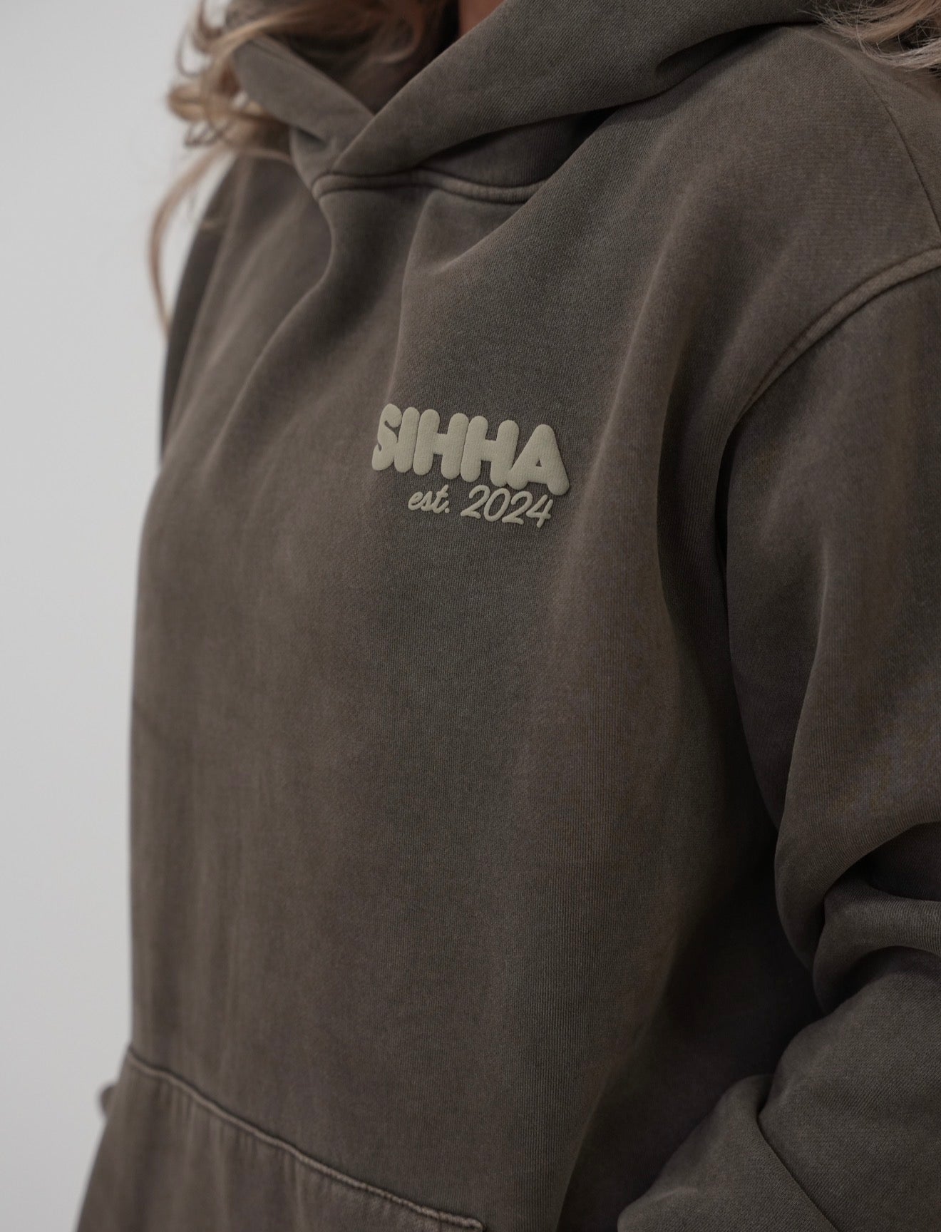 Oversized Coffee Acid Wash Hoody With Puff Print